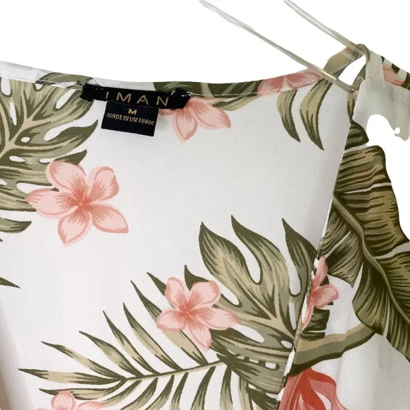 IMAN Palm Floral Tropical HAWAIIAN Resort Faux Wrap Blouse Top Cold Shoulder Med - Picture 3 of 8
